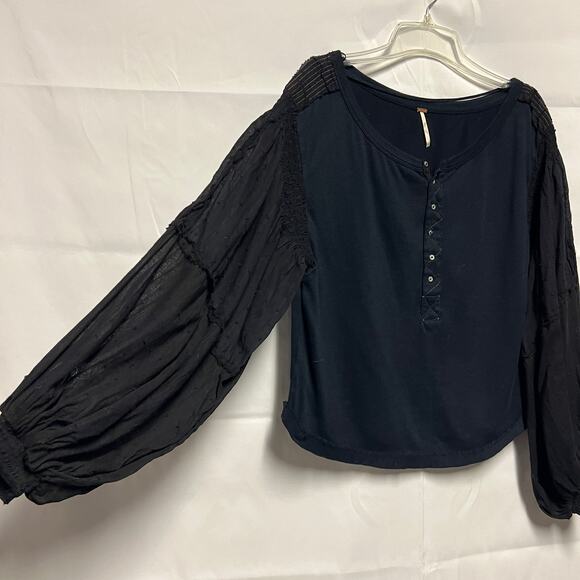 Free People Light Magic Womens Sweater Medium Cotton Henley Puff Sleeve Boho - Picture 6 of 12